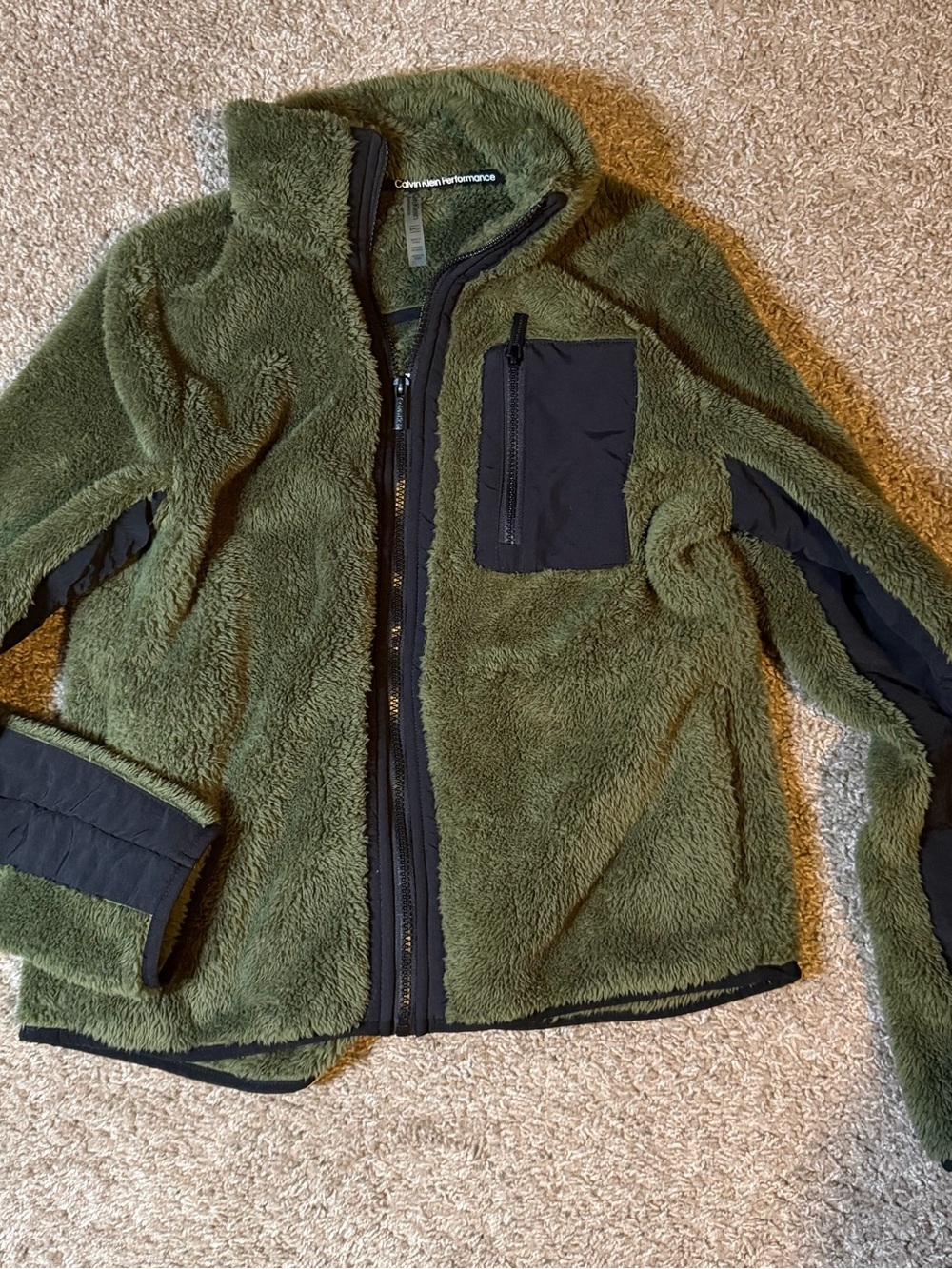 Calvin Klein Olive Green Teddy Jacket with Black Trim